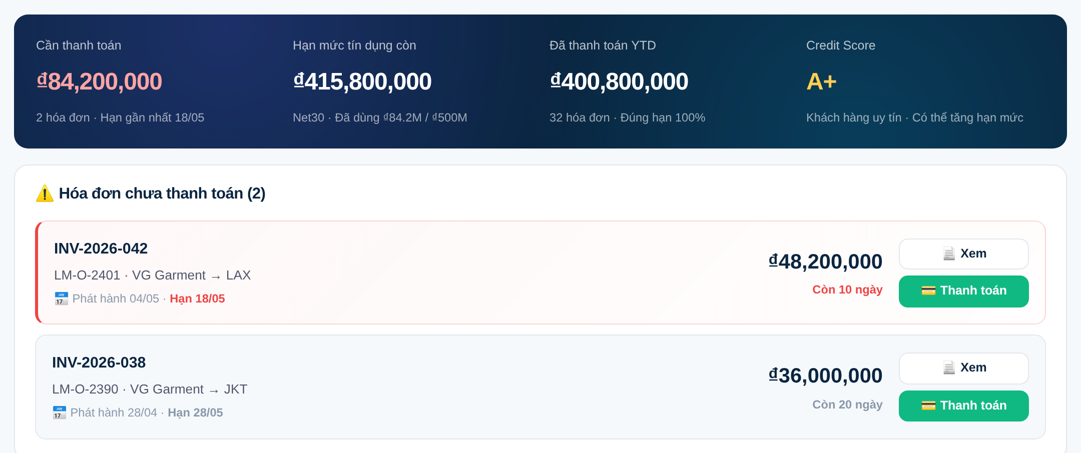Công nợ & hóa đơn VAT minh bạch, giao diện portal Protrans