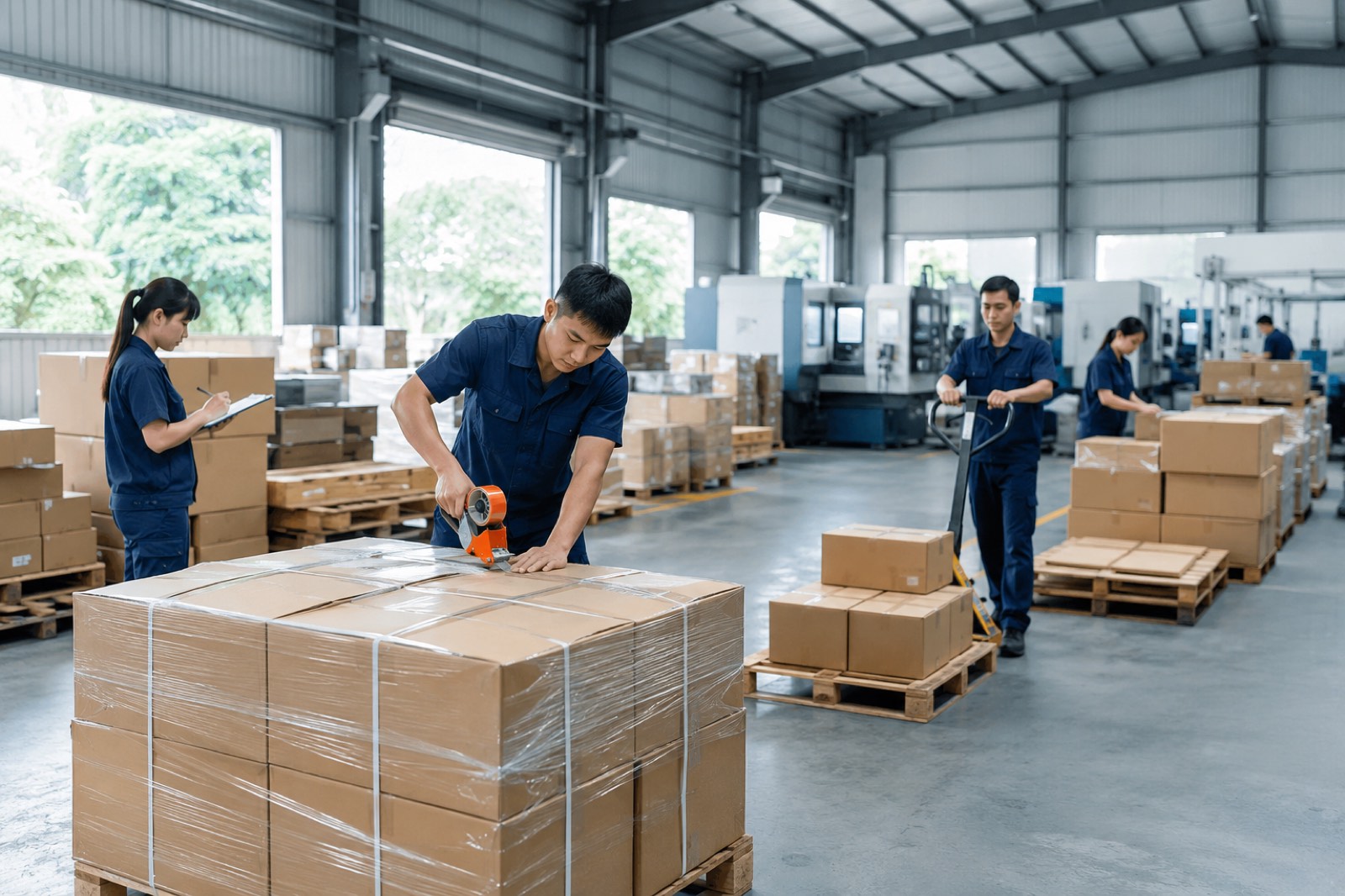 Worker packing an export pallet at the plant