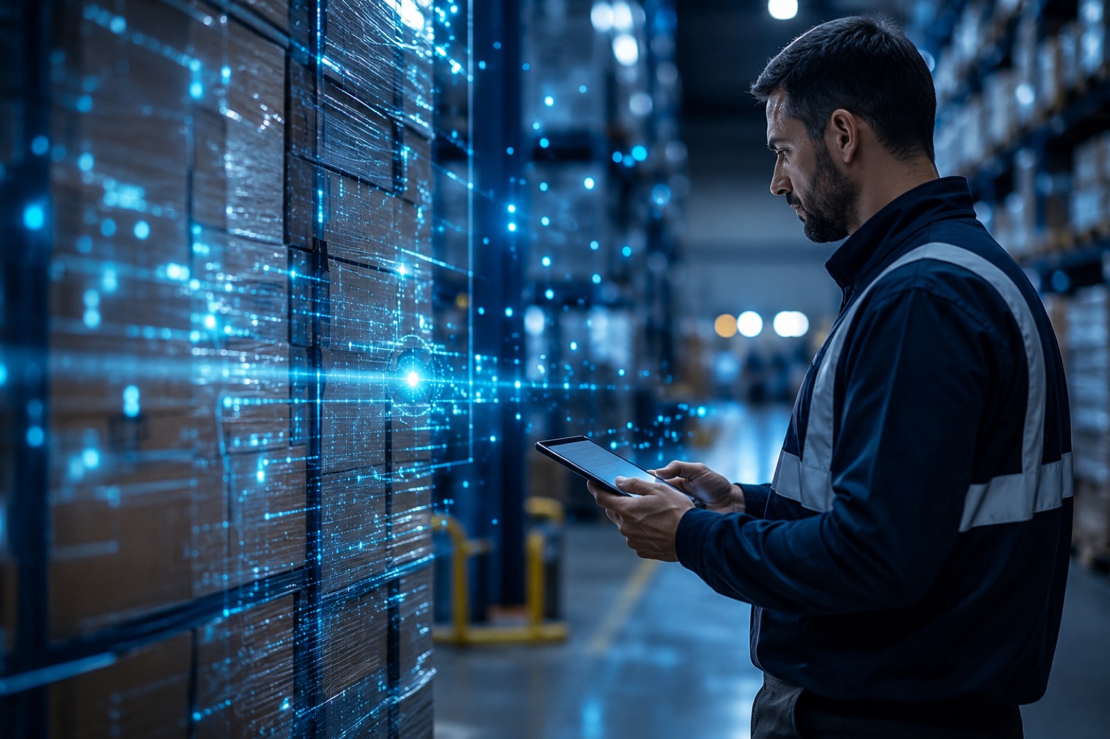Warehouse worker scanning an export shipment on a tablet